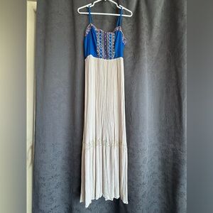 Blue and Cream Tiered Maxi Sundress with Spaghetti Straps
